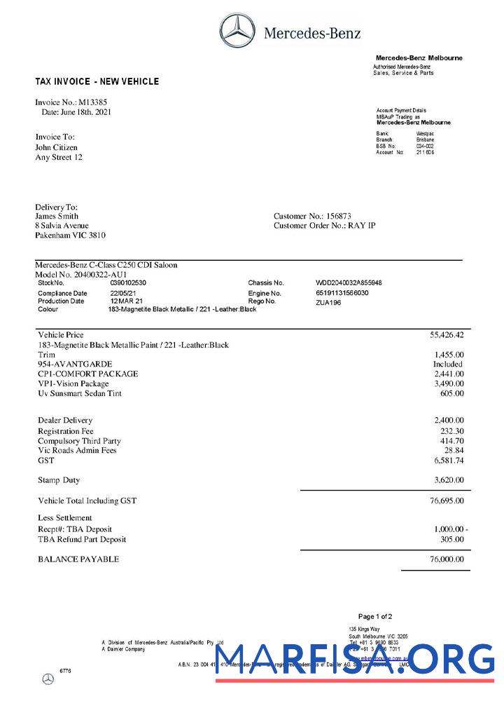 Blank USA Mercedes Benz invoice template